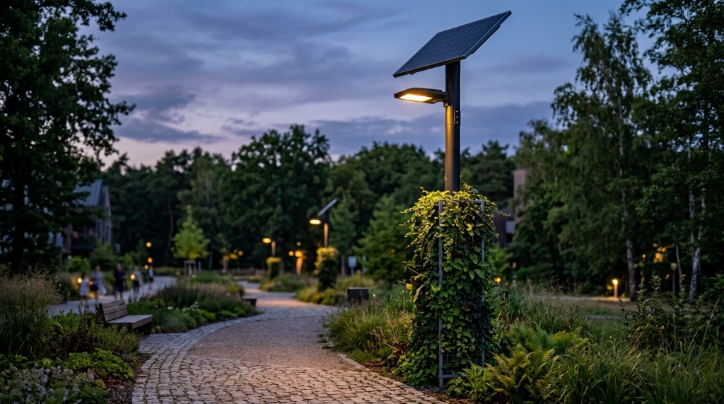 Lampadaire Éclairouge en situation au crépuscule avec manchon végétalisé